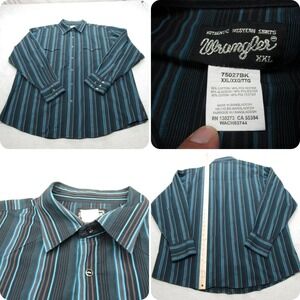 Wrangler Pearl Snap Shirt Men XXL Black Blue Stripe Long Sleeve Western Tall VTG